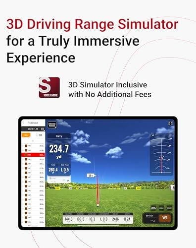 Advertisement for a 3D driving range simulator with a display screen showing golf metrics.