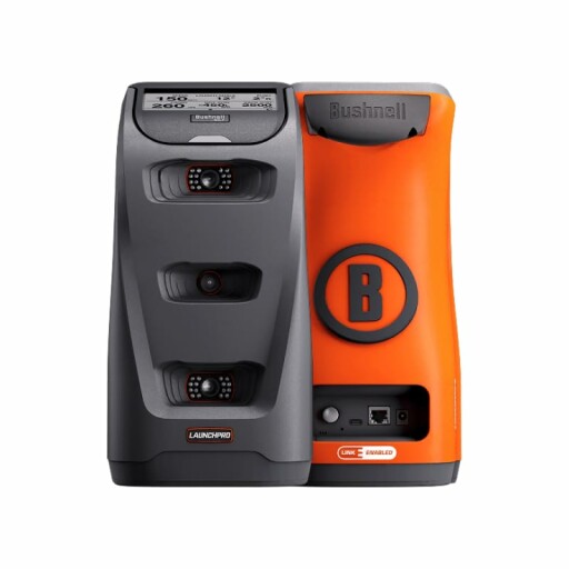 Side view of an orange and black Launch Pro golf device.