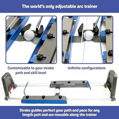 Adjustable arc trainer with customizable stroke guides and configurations for putting practice.