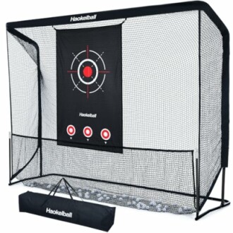 Baseball practice net with target and carrying bag.