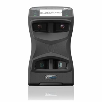 Black electronic device with dual lenses and a digital display.