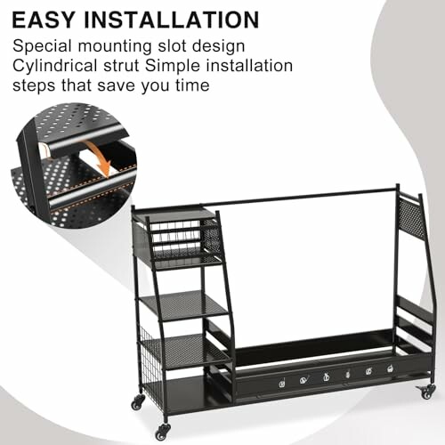 Black metal shelving unit with wheels and mounting features.