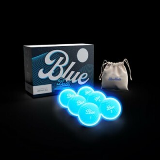 Blue glowing golf balls with packaging and pouch.