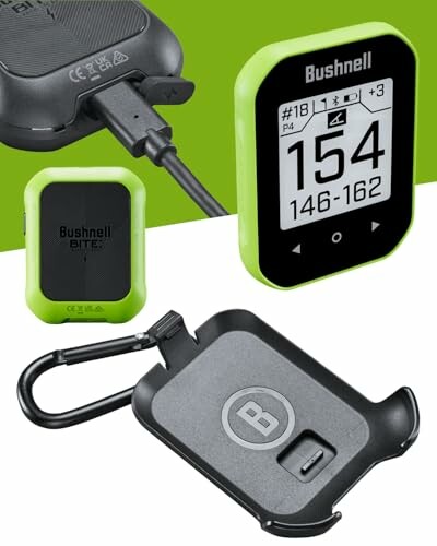 Bushnell golf GPS device with charging cable and carabiner clip.