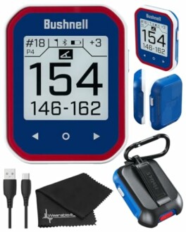 Bushnell golf GPS rangefinder with accessories, including USB cable and cleaning cloth.