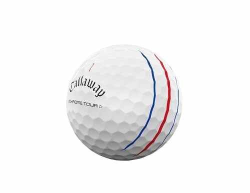 Callaway Chrome Tour golf ball with white surface and red and blue lines.