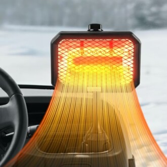 Portable car heater warming vehicle interior in winter.