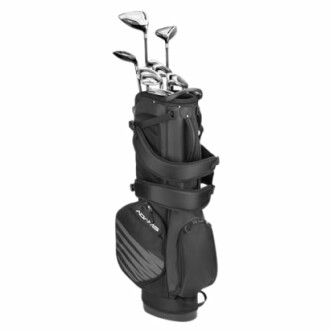 Set of golf clubs in a black carrying bag.