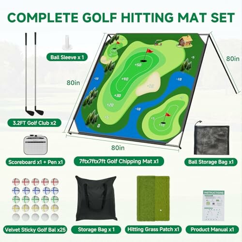 Complete golf hitting mat set with chipping mat, golf clubs, and accessories.