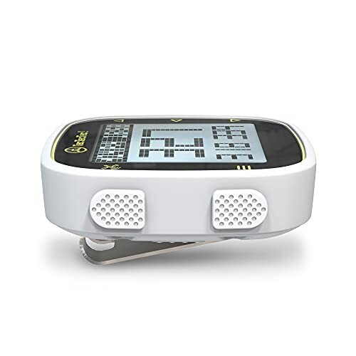 Digital golf rangefinder device with screen and buttons.