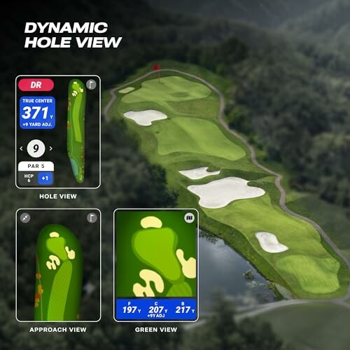 Dynamic view of a golf hole with distance and green details.