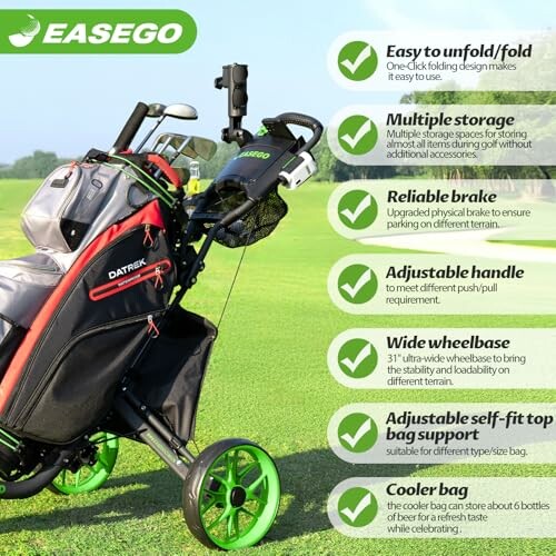 Easego golf cart with features listed on a golf course