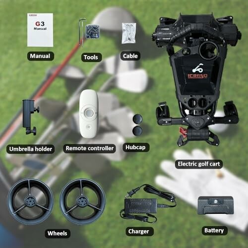 Components of an electric golf cart including manual, tools, cable, umbrella holder, remote controller, hubcap, wheels, charger, and battery.