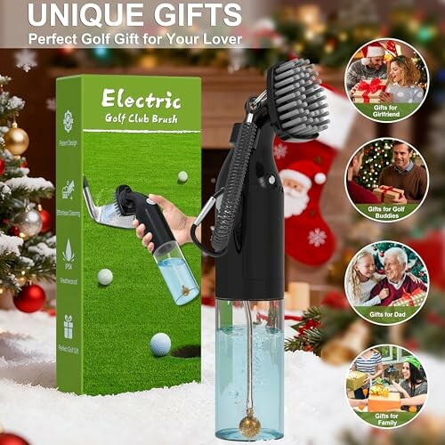 Electric golf club brush gift set with holiday theme packaging.