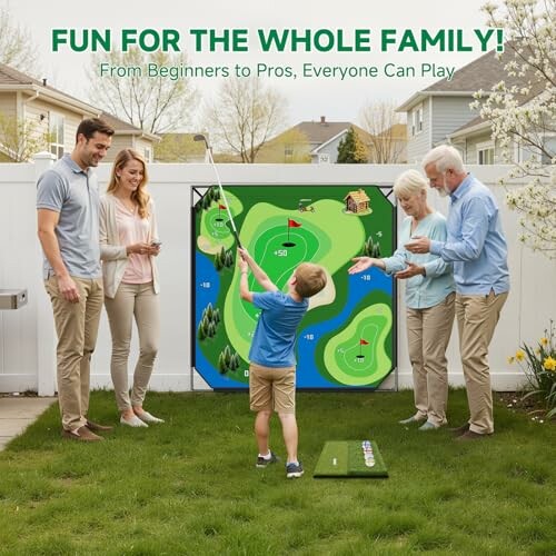 Family playing a golf game in the backyard.