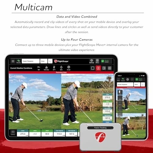 Golf tracking app displayed on tablet and smartphone with golfer.