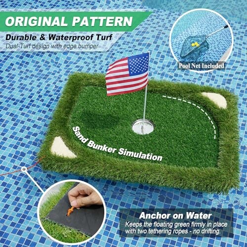 Floating golf green with American flag in a pool.