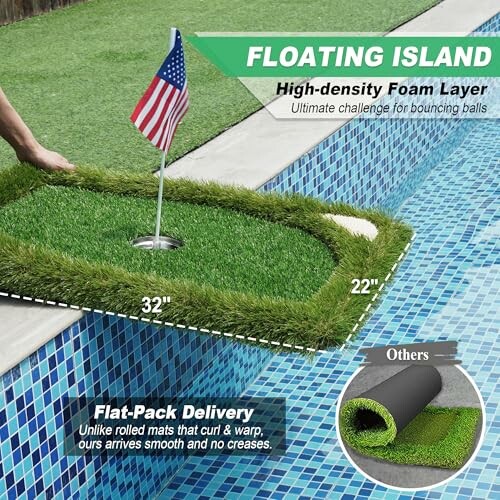 Floating golf green with a flag in a pool.