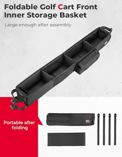 Foldable golf cart front inner storage basket with accessories.