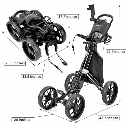 Foldable golf push cart with dimensions labeled.