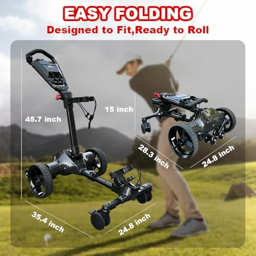 Foldable golf push cart with dimensions.