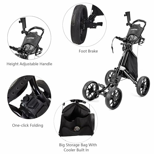 Foldable golf push cart with height-adjustable handle, foot brake, one-click folding, and cooler storage bag.