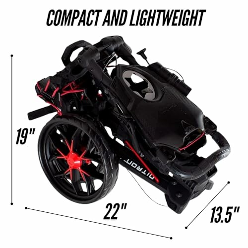 Compact and lightweight folded golf trolley with dimensions.