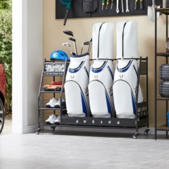 Golf club storage rack with bags and accessories in a garage.