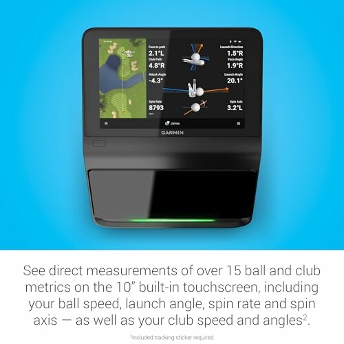 Garmin golf launch monitor with touchscreen displaying ball and club metrics.