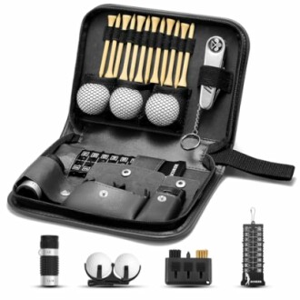 Golf accessory set with tees, balls, and tools in a zippered case.