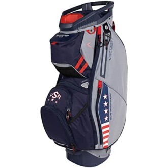 Golf bag with American flag design and multiple compartments.