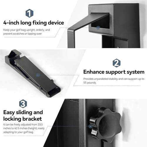 Features of a golf bag holder including fixing device, support system, and sliding bracket.