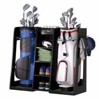 Golf bag organizer with clubs, shoes, and accessories.