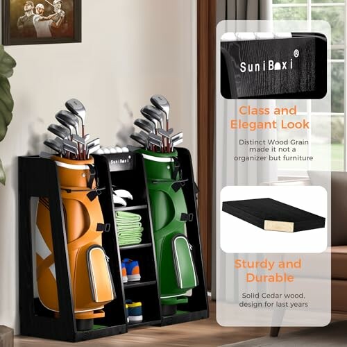 Golf bag organizer with two bags and clubs, labeled SuniBaxi, featuring a wood grain finish.