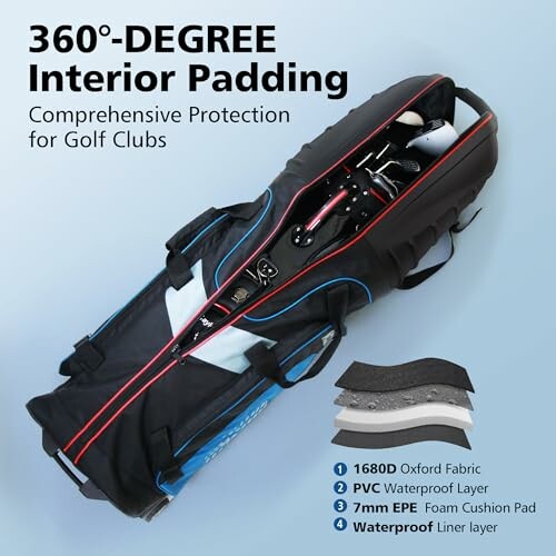 Golf travel bag with 360-degree interior padding and material layers.