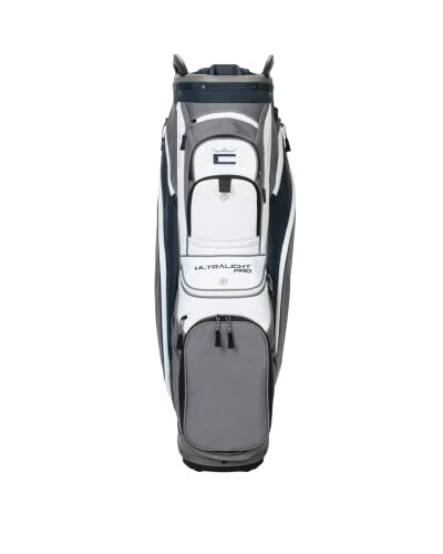 Ultralight gray and white golf bag with multiple pockets.