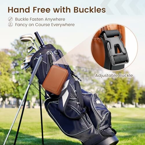 Golf bag with clubs and adjustable buckle feature.