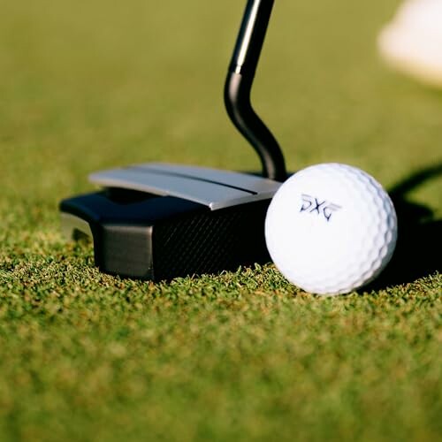 Golf ball next to a putter on grass