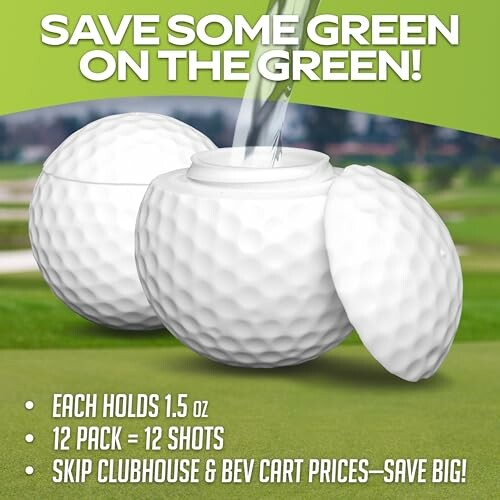 Golf ball-shaped flask set with text promoting savings.