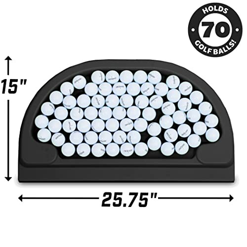 Golf ball holder with 70 balls, dimensions 15x25.75 inches.