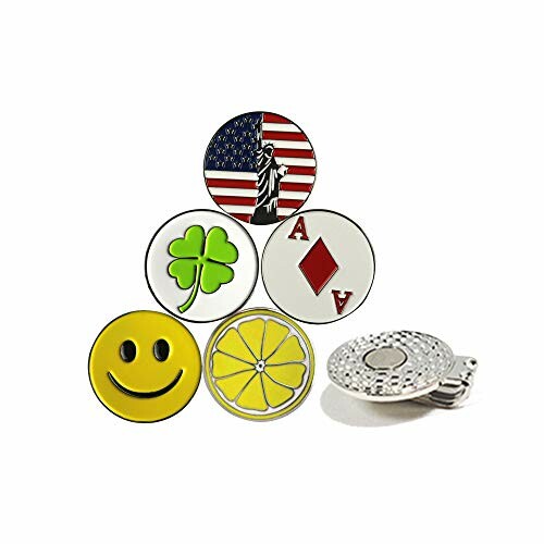 Set of colorful golf ball markers with various designs.