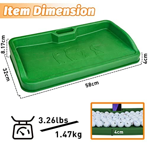 Green golf ball tray with dimensions and weight displayed.