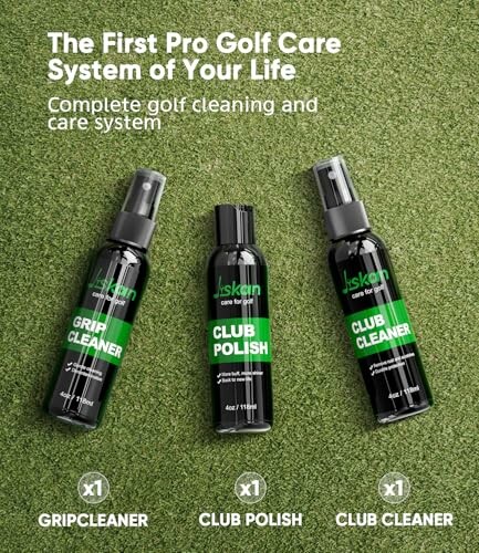 Golf care products including grip cleaner, club polish, and club cleaner on grass background.