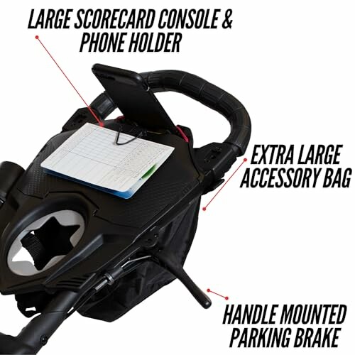 Golf cart with scorecard console, phone holder, accessory bag, and parking brake.