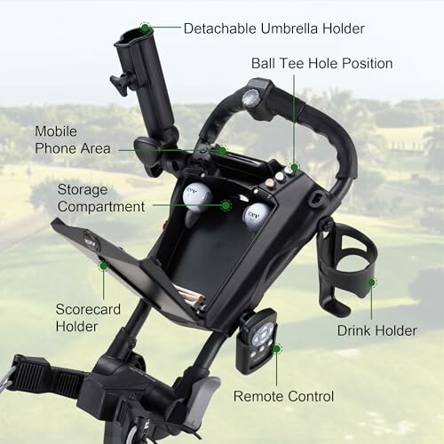 Golf cart handle with detachable umbrella holder, ball tee position, mobile phone area, storage compartment, scorecard holder, drink holder, and remote control.
