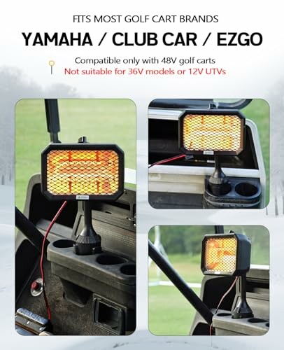 Golf cart heater compatible with 48V carts, not suitable for 36V or 12V models.