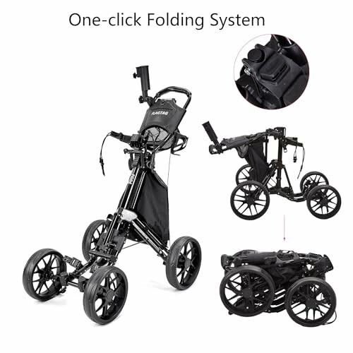 Golf push cart with one-click folding system and multiple views.