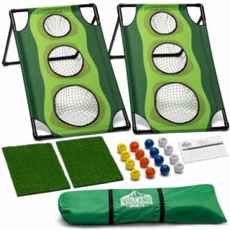 Golf chipping target game set with nets, balls, mats, and carrying bag.