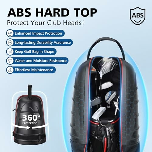Golf club bag with ABS hard top features and protection icons.