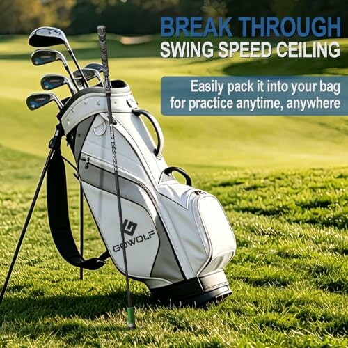 Golf bag with clubs on a course, promoting swing speed improvement.